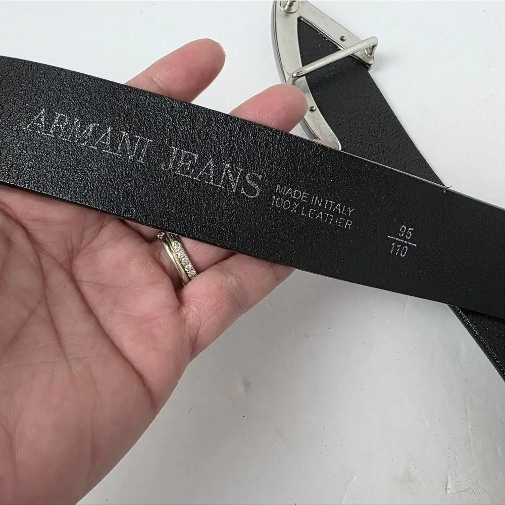 Armani Jeans Leather Belt Silver Buckle Black Made In Italy Size 95/110